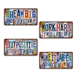 JBYMsign Vintage Wall Decor License Plate Metal Sign Tin Signs Poster - Dream Big Work Hard Stay Positive Make it Happen - 4 PCS