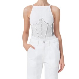 TOPMELON Lace Glitter Underboob Corset Underwire Boned Underbust Corset Belt Waist Corset Open Cup Rhinestone Push Up Corset White XL