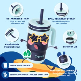 Tronco 14 oz Kids Insulated Tumbler with Handle & Spill Resistant Flexible Straw, BPA-Free Stainless Steel Toddler Cups with Lids, Splash-Proof Kid Drinking Cup Travel Mugs, Easy to Clean
