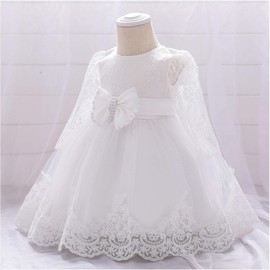 WOCINL Baby Girls Christening Long Sleeve Lace Bowknot Dresses Princess Wedding Birthday Pageant Party Baptism Tutu Gown White 12-18M