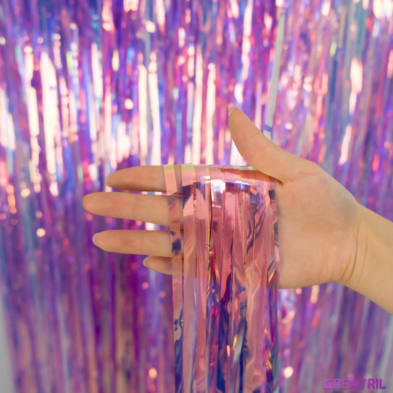 GREATRIL Holographic Tinsel Foil Fringe Curtain, 3.2 x 6.5 ft,