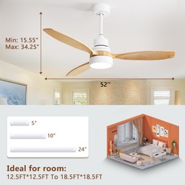 Sofucor 52 Inch Ceiling Fans with Lights, Solid Wood Indoor/Outdoor Ceiling Fan with Light Remote Control, Reversible DC Motor, 3CCT LED, 3 Blade Modern Ceiling Fans for Bedroom Farmhouse Patio