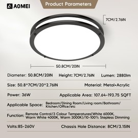 AOMEI 20inch Black Dimmable LED Ceiling Light for Bedroom Living Room Full Spectrum 36w 3000K-6000K, 4-Point Secure Flush Mount Flat Panel, CRI＞97 Round Modern Fixture with Remote Control