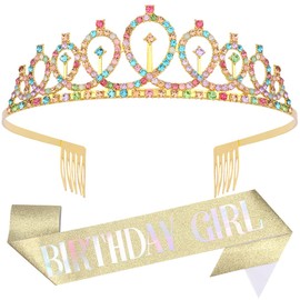 Exacoo Birthday Girl Sash and Crown For Women, Birthday Tiara For Girls Colorful rapunzel Crown Hair Accessories for Women Birthday Party Decoartions cumpleaños decoracion mujer
