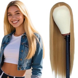 Weeybay Real Hair Wig, Straight Human Hair Wig, Glueless Wear and Go, 4 x 1 Lace Closure Wigs for Women, with Baby Hair, Honey Blonde, Colour Bleached Knot for Woman, 71 cm