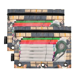 ALAZA Bulldog Plaid Retro Pencil Pouch for 3 Ring Binder Pencil Bags Pockets Pencil Case with Clear Window Zipper Cosmetic Bags for Office College Supplies 2PCS