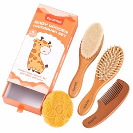 4 Pack Wooden Baby Hair Brush Set, Baby Brush and Comb Set with Soft Goat Bristle, Cradle Cap Brush for Newborns & Toddlers, Perfect Baby Registry Gif