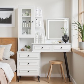 Mixcous Vanity Dresser with Mirror and Lights, 43" White Makeup Vanity with Shelves, Makeup Dressing Table with 5 Drawers, Drawer Makeup Table Set for Bedroom & Small Spaces, White