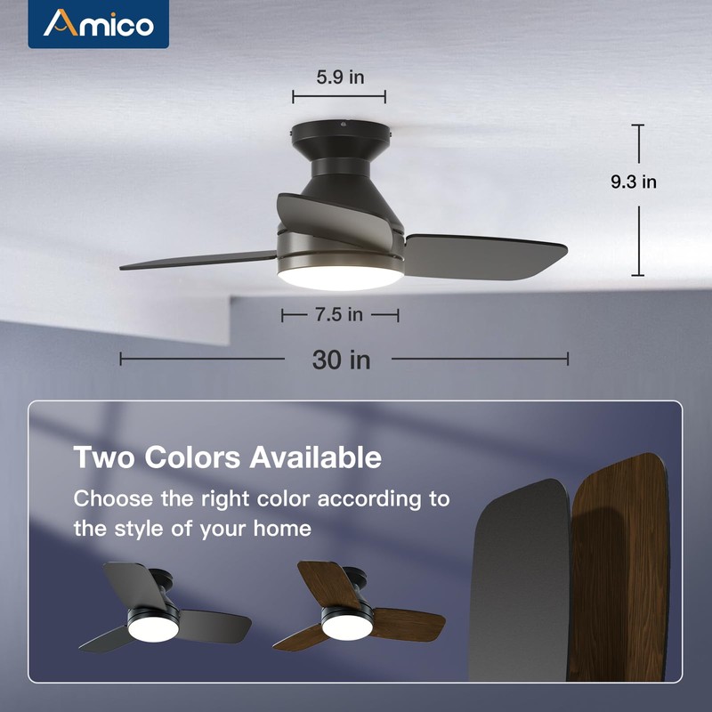 Amico Ceiling Fans with Lights, 30 inch Low Profile Ceiling