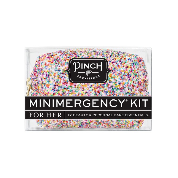Pinch Provisions Minimergency Kit, for Her, Includes 17 Must-Have Emergency Essential Items, Compact, Multi-Functional Pouch, Gift for Birthdays and Parties (Funfetti)