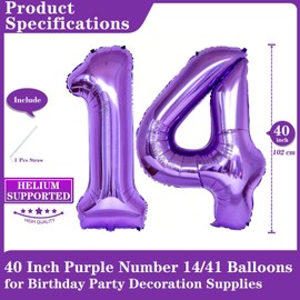 Purple 14 Number Balloons, 40 Inch Giant Number 14 Balloons Foil Mylar Helium Purple Number Balloons for 14th Birthday Party Supplies Anniversary Event Celebration Decorations