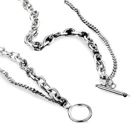 Qroza Mantel Necklace, Silver, 2 Rungs, Kihei, Azuki Chain, Width 0.3 inches (7 mm) and Width 0.1 inches (3 mm), Thinner, Surgical Stainless Steel, 19.7 inches (50 cm), Unisex, Mode, Luxury, Simple,