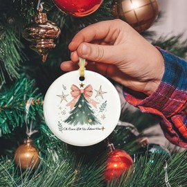 Cute Pink Bow Christmas Tree Ceramic Ornaments, Preppy Cute Decor Round Ceramic Ornaments, Christmas Sublimation Decorations, Xmas Hanging Ornament for Xmas Tree Window