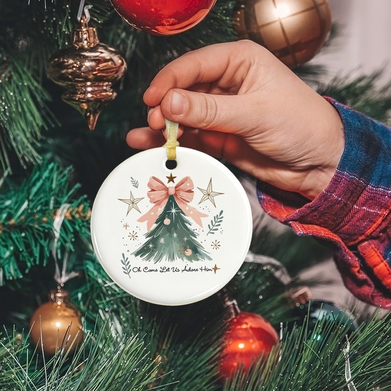 Cute Pink Bow Christmas Tree Ceramic Ornaments, Preppy Cute Decor