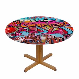 YINRON Graffiti Wall Round Table Cloth Urban Hip Hop Street Elastic Edged Table Cover Fade And Stain Resistant Table Cloths Easy To Clean Fits Tables 40-44" Diameter