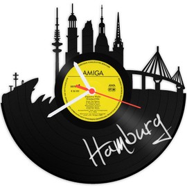 GRAVURZEILE Vinyl Record Clock - Skyline Hamburg 2018 - Wall Clock Made of Cast Vinyl with City Skyline 30 cm - Upcycling Design Clock Wall Decoration Vintage Clock Wall Decoration Retro Clock - Made