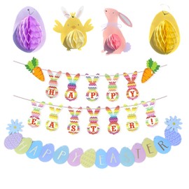 eBoutik - Set of 2 Easter Garland Spring Time Banner Decoration with 4 Honeycomb Hang Decor - Happy Easter Colouful Party Bunting, Style for Indoors & Outdoors for Children Easter Egg Hunts