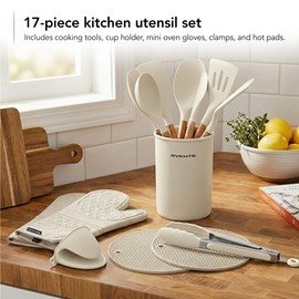 OVENTE Silicone Cooking Utensils Set, 17pcs Heat Resistant Kitchen Tools and Gadgets for Nonstick Cookware, BPA Free Spatula Set with Wooden Handle, Cup Holder, Oven Gloves and Hot Pads, Cream SPS17CR