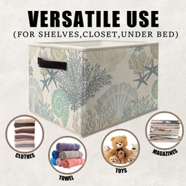 Likjad Coastal Beach Storage Bins Basket, Beach Room Decor, Coastal Coral Starfish Seashell Collapsible Fabric Storage Box Organizer Toybox for Bedroom Bathroom Clothes Books Toys