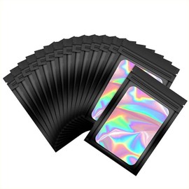 PARTY BESTBUY 100PCS Black Holographic Mylar Resealable Packaging Bags for Small Business, Smell Proof With Front Clear Window, Foil Pouch for Food, Candy, Jewelry, Goodie (14x20cm)