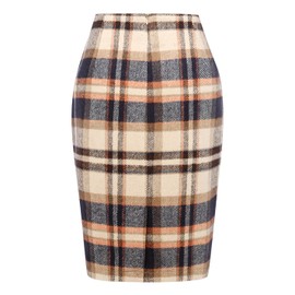 Midi Skirts for Women 2024 Trendy High Waisted Work Business Casual Clothes Office Outfits Knee Length Plaid Pencil Skirt with Slit(DeepBrown, S)
