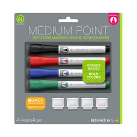 U Brands Low Odor Dry Erase Markers With Erasers, Medium Point, Assorted Classic Colors, With Gruv Marker Clips, 4-Count