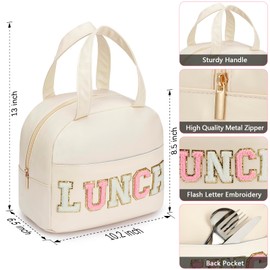 DIRGEE Lunch Bag for Women Insulated For Men PU leather Small Office Work lunch with Chenille Letters Leakproof Freezable Cooler Reusable Portable Box (White)