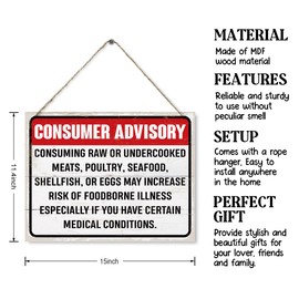 Consumer Advisory Sign, Restaurant Signs, Decorative Wood Plaque for Hanging, Food Warning Sign, Kitchen Decor, Consuming Raw or Undercooked Meat May Increase Risk of Foodborne Illness Sign