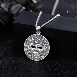 DAYLINLOVE Aztec Necklace 925 Sterling Silver Aztec Mayan Calendar Pendant Necklaces Amulet Aztec Jewelry Gifts for Men Women