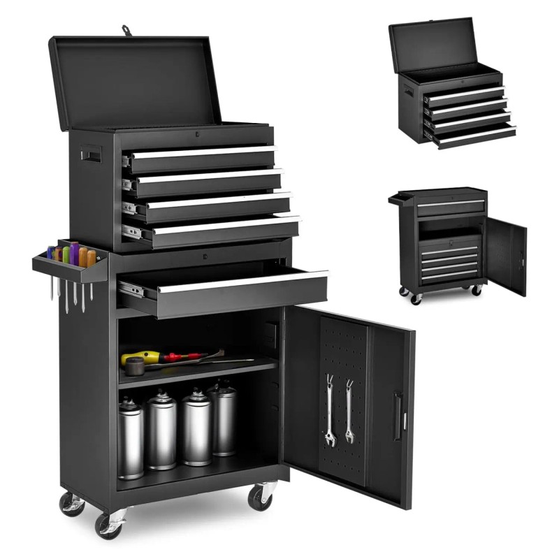 Detachable Top 5-Drawer Rolling Tool Chest Adjustable Shelf Locking Mechanism