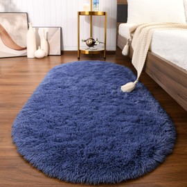 Softlife Fluffy Rugs for Bedroom, Shag Cute Area Rug for Girls/Kids and Kids Baby Room Home Decor, 2.6 x 5.3 Feet Oval Indoor Carpet for Nursery Dorm Living Room, Light Navy