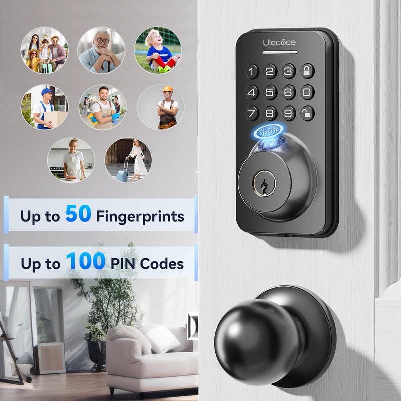 Ulecoce Fingerprint Keypad Deadbolt with Handle Set, Keyless Entry Door