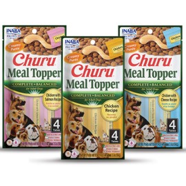 INABA Churu Meal Topper for Dogs, Complete & Balanced, Creamy, Lickable Purée Dog Food Topper, 0.5 Ounce Tube, 12 Tubes (4 per Pack), 3 Flavor Variety