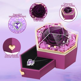 Preserved Real Rose with Necklace Forever Flowers Diamond Shaped Box for Mom Wife Girlfriend Grandma on Mothers Day Birthday Valentines Christmas Anniversary Beatiful Gifts for Women (Purple)