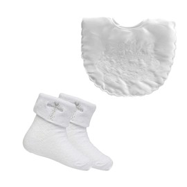 Baby Boys & Girls Christening Set, Bib & Socks Gift Set, White, 6-12 Months