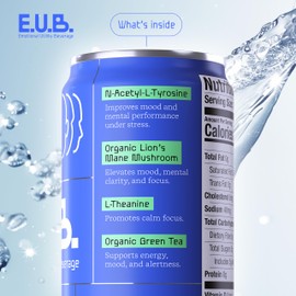 E.U.B. Mango Passionfruit Sparkling Functional Beverage, 12oz Can, 50mg Caffeine, 25 Calories, with Nootropics & Adaptogens for Mood & Energy Support