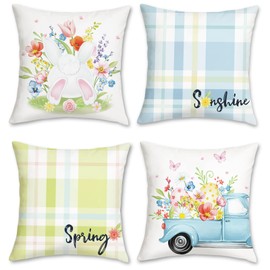 Bonhause Spring Easter Throw Pillow Covers 18 x 18 Inch Bunny Floral Easter Eggs Truck Plaid Decorative Pillow Cases for Couch Sofa Bed Home Spring Easter Decor Set of 4