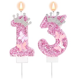 Geburtstagszahlenkerzen, Rosa Glitzer Krone Schmetterling Happy Birthday Pailletten Prinzessinnenkerze Tortenaufsatz Dekorationen für Hochzeitsfeier Jahrestag Feier Zubehör (13)