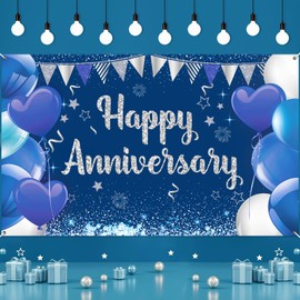 Navy Blue Happy Anniversary Party Banner Backdrop, Blue Wedding Anniversary Banner, Large Anniversary Party Background Poster for Wedding Anniversary Birthday Party Decorations Supplies 70.8x43.3 inch
