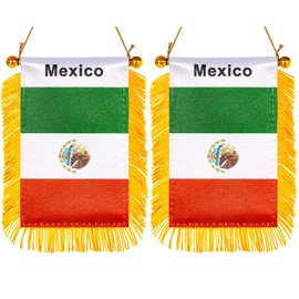 ZXvZYT 3 X 5 Inch Mexico Window Hanging Flag Mexican Small Mini Car Flags Banners Rearview Mirror Decoration - with Suction Cup & Golden Fringy Banner(2 Pack)