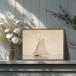 Framed Large Canvas Wall Art for Living Room, White Sailboat Seascape Watercolor Vintage Painting - Coastal Wall Art Prints Pictures Bedroom, Office, and Home Decor - 12x16in