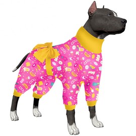 Extra Large Dog Outfit - Uv Protection Tshirt, Anxiety Calming Dog Pajamas, Stretchable 4 Legged Large Dog Jumpsuit, Pink Treats Print, Pajamas for Big Dogs,Large