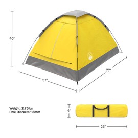 2-Person Tent with Removable Rain Fly and Carry Bag – Comes with Camping Lantern with Fan – Weather-Resistant Camping Accessories by Wakeman, Yellow, 85 x 60