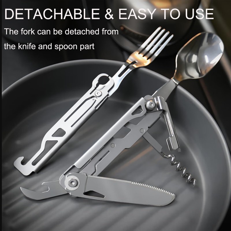 6-in-1 Detachable Camping Utensil, Stainless Steel Cutlery Folding Spoon, Fork,