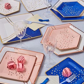 SILVER SPOONS Abstract Design Disposable Paper Plates (18 Pc) Heavy Duty Paper Plates 10 inch, Disposable Party Dinnerware for Birthday, Square Dinner Plates for celebrations & Events, Blue