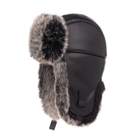 Futrzane Ushanka Men's Leather Trapper Hat Aviator Hat Russian Hat, Black - Grey Siberian