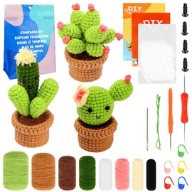 Encuryna 3 Piece Crochet Set for Beginners, Cactus Crochet Starter Set, DIY Craftsmanship with Crochet Hooks, Yarn, Polyester Fibre Filling, Hand Sewing Needle, Stitch Markers and Instructions