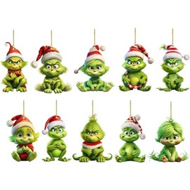 Christmas Tree Ornaments Acrylic Cute Funny Green Doll Christmas Pendants Hanging for Holiday Christmas Tree Party Home Decoration Pack of 10