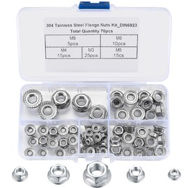 70 Pcs Hex Nuts, Lock Nuts with Flange Self-Locking, Flange Nuts with Serrations, Stop Nuts with Flange DIN 6923 Stainless Steel, M3 M4 M5 M6 M8