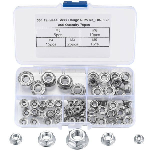 70 Pcs Hex Nuts, Lock Nuts with Flange Self-Locking, Flange